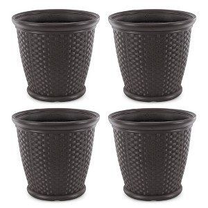 Suncast Sonora 22" Plastic Wicker Indoor or Outdoor Decorative Garden Flower Planter for Entryways, Porch, and Backyard Patios, Dark Brown (4 Pack) - 1 of 4