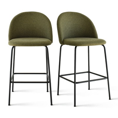 Olive Green Upholstered Counter Stools with Black Metal Frame, Set of 2