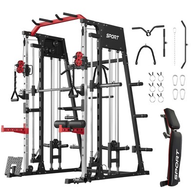 Smith Machine, 2200lbs Power Rack with Smith Bar, Cable Crossover Machine for Home Gym, Multifunctional Smith Machine with LAT Pulldown System