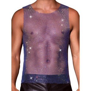 INSPIRE CHIC Men's Shiny Mesh Rave Sheer Sleeveless Metallic Sparkly Tank Top - 1 of 4