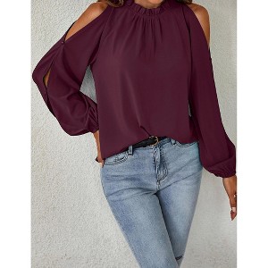Women's Cold Shoulder Blouse Ruffle Neckline Long Sleeve Top Elegant Casual Shirt - 1 of 4