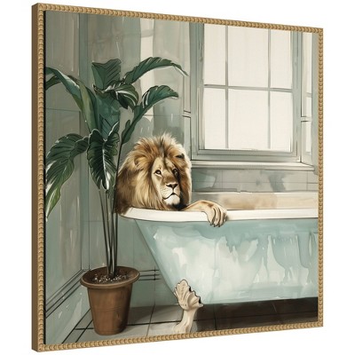 Kate & Laurel All Things Decor 30"x30" Sylvie Lion Relaxing in Tub Zen Bathroom Framed Canvas by The Creative Bunch Beaded Natural
