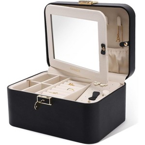 Two-Layer Jewelry Organizer Box with Large Mirror, Lock, and Hidden Hooks, Bluish Grey. - 1 of 4