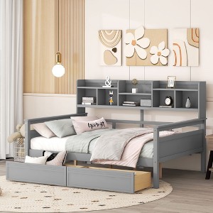 NicBex Full Size Daybed with Storage Wooden Day bed Frame with Shelf Cabinet and 2 Large Drawers for Apartment - 1 of 4