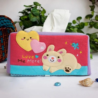 LunaLulink [Rabbit & Heart] Embroidered Applique Fabric Art Tissue Box Cover Holder (8.7*4.5*4.5)