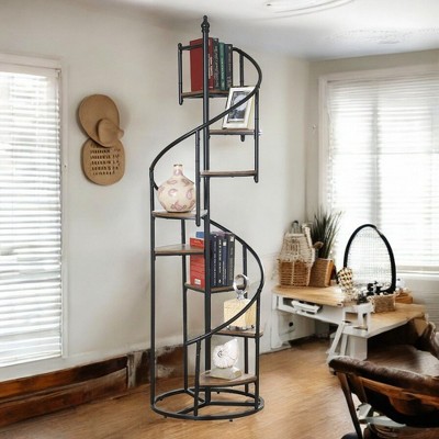 Alilang 20.00 Inch Spiral Metal Staircase Shelf with Wooden Steps and Industrial Design - Brown