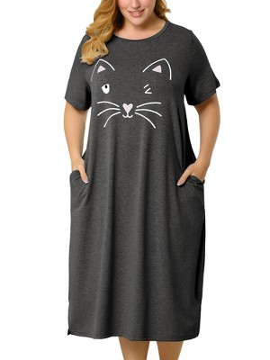Agnes Orinda Women's Plus Size Soft Knit Cute Cat Print Short Sleeve Split Hem Pockets Midi Sleep Shirts Nightgowns