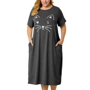 Agnes Orinda Women's Plus Size Soft Knit Cute Cat Print Short Sleeve Split Hem Pockets Midi Sleep Shirts Nightgowns - 1 of 4