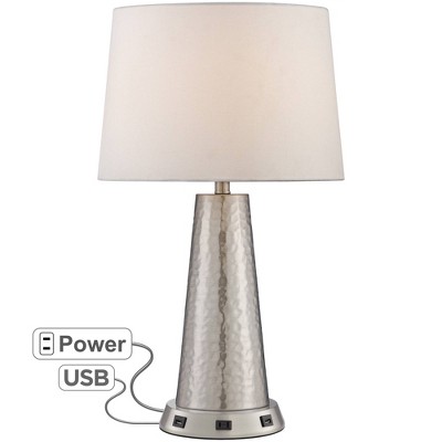 360 Lighting Modern Table Lamp with USB and AC Power Outlet Workstation Charging Base 25.75" High Hammered Silver Leaf Drum Shade Living Room