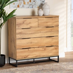Baxton Studio Franklin Wood and Metal 5 Drawer Bedroom Chest Oak/Black: Vertical Storage, Modern Design - 1 of 4