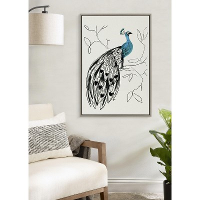 Gray and Blue Peacock Canvas Print with Modern Frame, 23x33