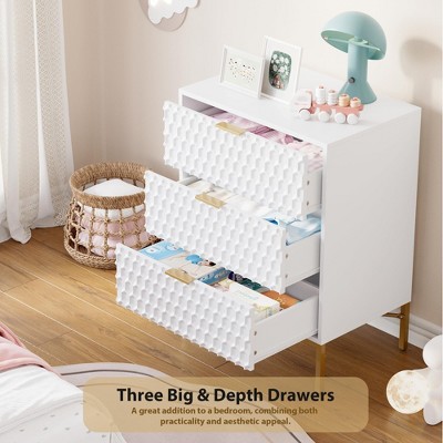 White Honeycomb 3 Drawer Dresser with Gold Accents