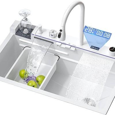 Nano White Stainless Steel Waterfall Sink with Pull-Out Tap