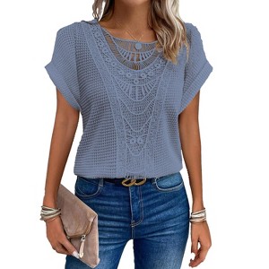 Women's Tops Casual Scoop Neck Short Sleeve Waffle Knit Hollow Out Shirts Loose Tunic Tops Blouses - 1 of 2