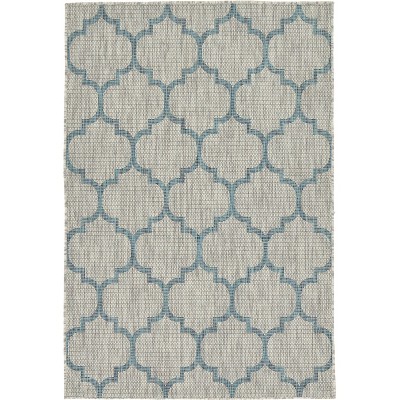 Gray and Blue Synthetic Outdoor Trellis Rug, 4' x 6'