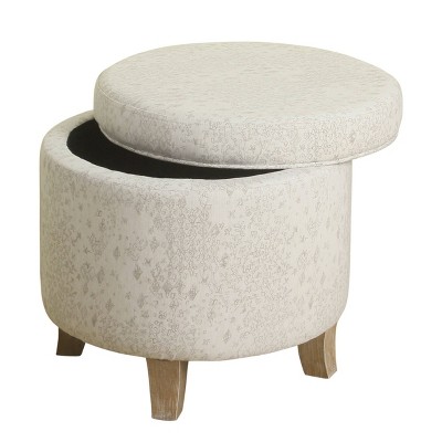 Cole Round Linen Storage Ottoman with White-Washed Wood Legs
