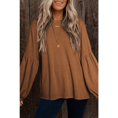 I AM A FASHION JUNKY Brown Solid Color Textured Pullover Casual Long Sleeve Top