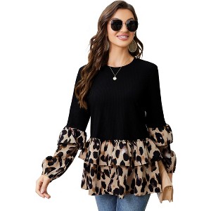 Women's  2 In 1 Shirt Leopard Patchwork Peplum Long Sleeve Tunic Tops Ruffles Casual Shirts - 1 of 4