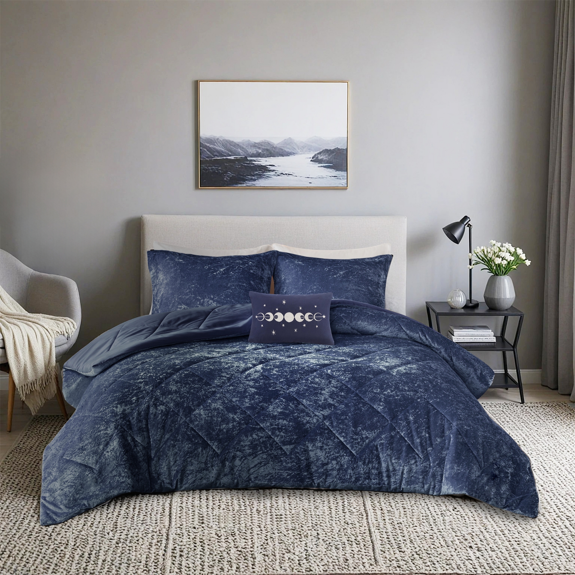 4 Pcs Velvet Face Thick Comforter Set, Diamond Quilting Luxury Design Comforter with Matching Shams and Pillow for Winter, Navy, Full/Queen
