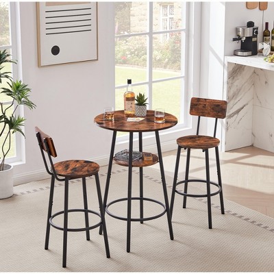 Round bar stool set with shelves, stool with backrest Rustic Brown, 23.6'' Dia x 35.4'' H(Rustic Brown)