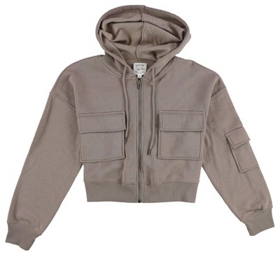 Hippie Rose Womens Fleece Cargo Hoodie Sweatshirt, Brown, Large