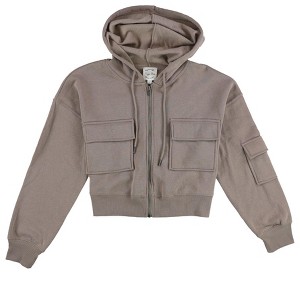 Hippie Rose Womens Fleece Cargo Hoodie Sweatshirt, Brown, Large - 1 of 2