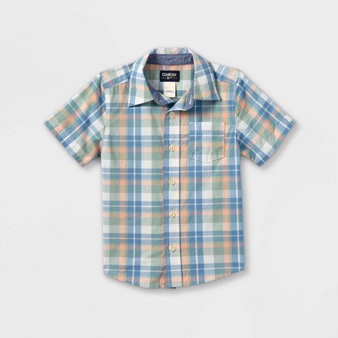 OshKosh B'Gosh Toddler Boys' Peach & Blue Plaid Button Up Shirt NWT short sleeve 