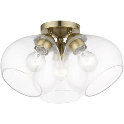 Antique Brass and Clear Glass 3-Light Semi-Flush Mount