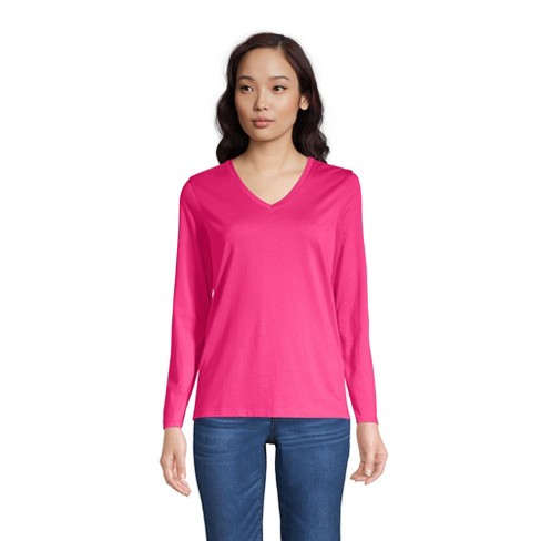 Lands' End Women's Relaxed Supima Cotton Long Sleeve V-neck T-shirt - Small  - Hot Pink : Target