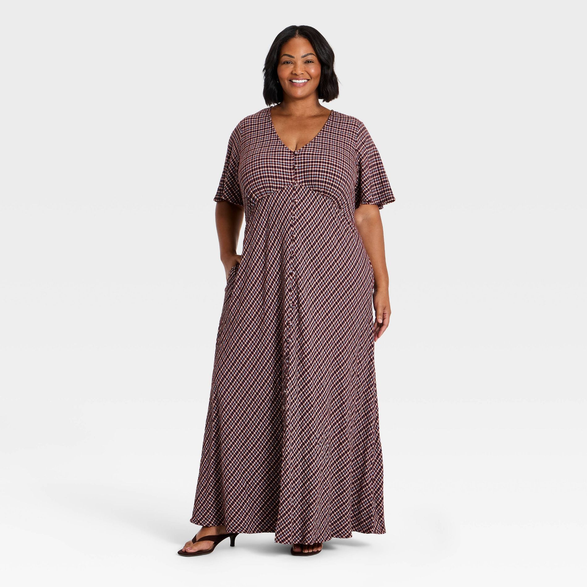Women's Plus Short Sleeve V Neck Bias Cut Button Front Midi Dress - Ava & Viv™ Burgundy Plaid