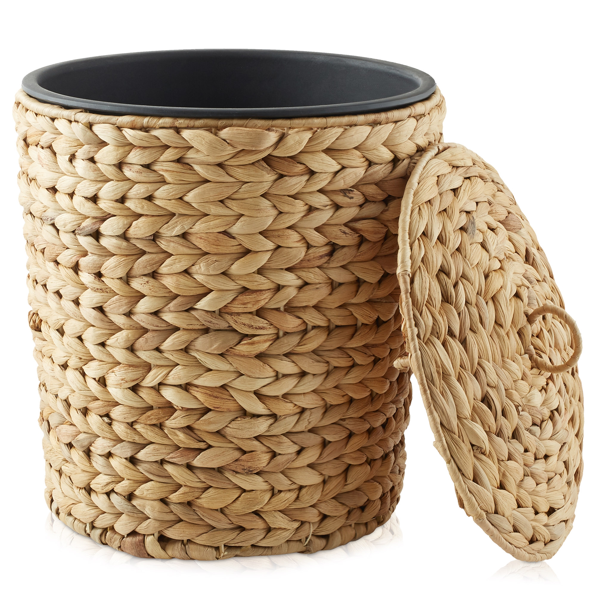 Casafield Water Hyacinth Trash Can with Lid and Liner - Natural, Woven Wicker Waste Basket for the Bathroom, Bedroom, Laundry Room, Home Office