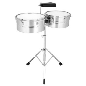 SEVOBAL Drum and Percussion Accessories, 13" and 14" Silver Timbales Drum Set with Stand and Cowbell for Stage and Studio, Silver, 30.71"*19.29"*8.66" - 1 of 4