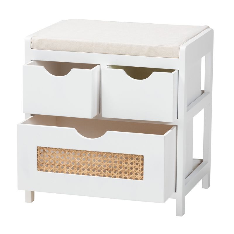 Baxton Studio Bastian Modern and Contemporary Light Beige Fabric and White Finished Wood 3-Drawer Storage Bench with Natural Rattan, 3 of 10