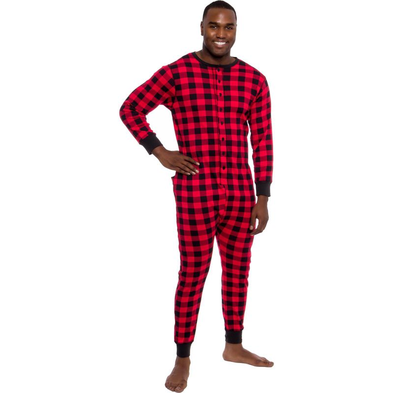 Ross Michaels - Men's Buffalo Plaid One Piece Pajama Union Suit with Drop Seat, 1 of 6