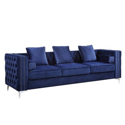 88'' Luxe Blue Velvet Tufted Sofa with Nailhead Trim & Ottoman