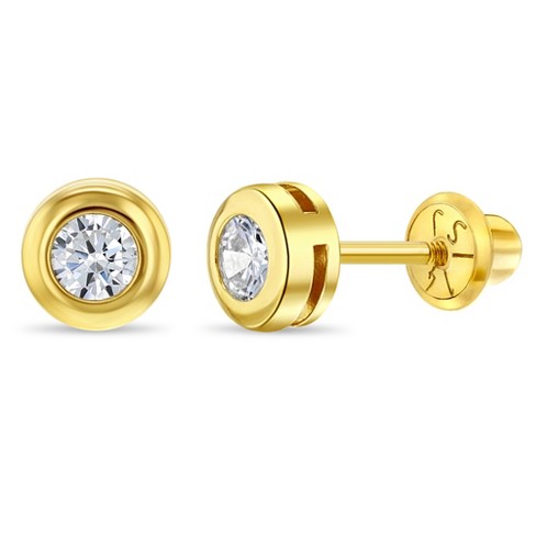 Baby Cross CZ Earrings Screw Back | 14K Gold