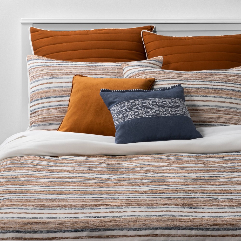 Photos - Duvet 8pc Queen Woven Stripe Comforter Set Dark Blue/Orange/Off White - Threshol