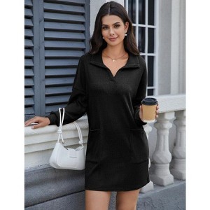 Coolmee Women Casual Knitted Lapel V Neck Long Sleeve Lightweight Wrap Mini Dress Loungewear With Front Pocket - 1 of 4