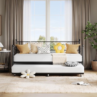 Daybed with Trundle Twin Metal Frame: Space Saving Design with Headboard & Steel Slat Support - for Bedroom, Living Room, Guest Room