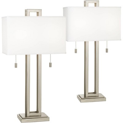 Possini Euro Design Modern Table Lamps 30" Tall Set of 2 Brushed Nickel Open Rectangular White Box Shade for Living Room Family Bedroom