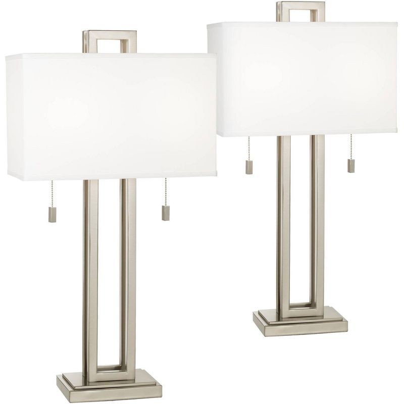 Possini Euro Design Gossard 30" Tall Rectangle Large Modern End Table Lamps Set of 2 Pull Chain Silver Brushed Nickel Finish Metal Living Room Bedroom, 1 of 8