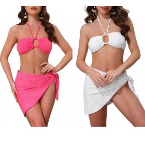 INSPIRE CHIC Women's Rope Circle Halter Ribbed Triangle Bottoms Side Tie Cover Up Swimwear Bathing Bikini Suits 2 Sets - 1 of 4