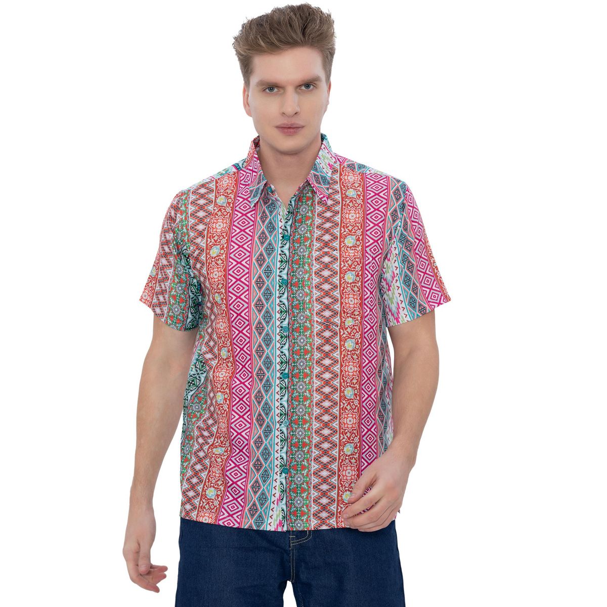 HAPPY BAY Mens Hawaiian Shirts Short Sleeve Button Down Shirt Men's Vacation Shirts Linen Effect Casual Aloha Shirts for Men XXL Geometric Multicolor