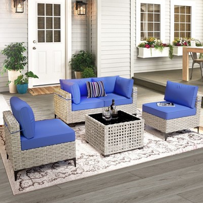 XIZZI 5PCS Furniture Set, Rattan Modular Sectional Sofa, Outside Coversation Set with Solar Coffee Table for Porch Balcony Backyard Poolside