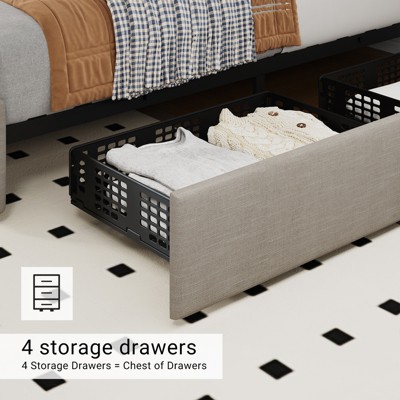 Upholstered Queen Platform Bed Frame with 4 Storage Drawers, PU Leather with Button Tufted, Wooden Slats Support, No Box Spring Needed, Noise-Free