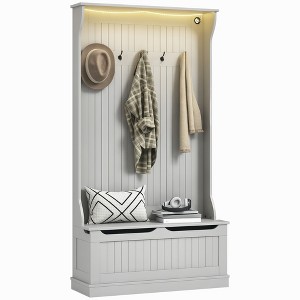 HOMCOM 3-In-1 Hall Tree with Bench and Storage, Coat Rack with LED Lights, 5 Steel Double Hooks, and Anti-Topple Anchor for Entryway - 1 of 4