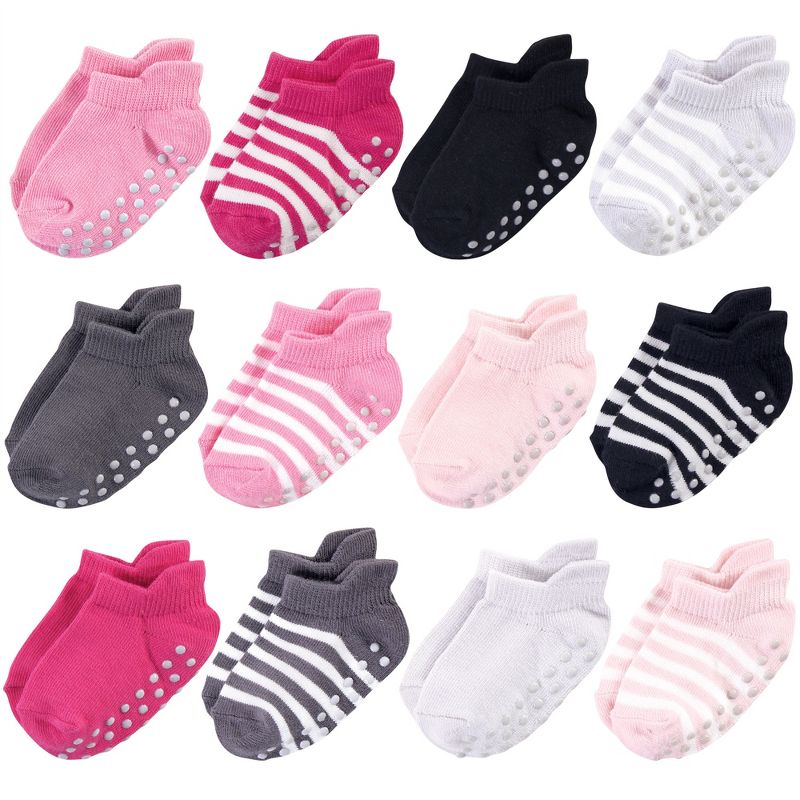 Touched by Nature Baby and Toddler Girl Organic Cotton Socks with Non-Skid Gripper for Fall Resistance, Pink Black, 1 of 15