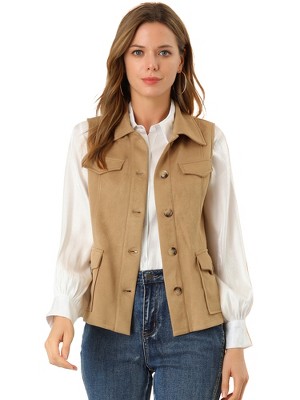INSPIRE CHIC Women's Buttoned Sleeveless Faux Suede Utility Vest with Cargo Pocket