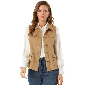 INSPIRE CHIC Women's Buttoned Sleeveless Faux Suede Utility Vest with Cargo Pocket - 1 of 4