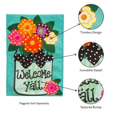 Welcome Y'all Polka Dot Flowers Burlap Garden Flag